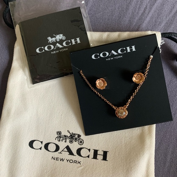 Coach Necklace And Tea Rose Stud Earrings Set- NWT - Picture 6 of 6